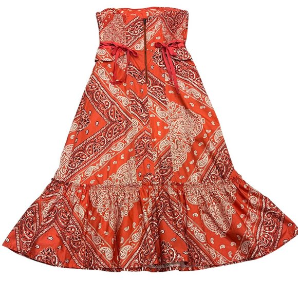 Anthropologie Strapless Bandana Ruffle Midi Dress, Pockets, Red Orange, 4 - Picture 4 of 11